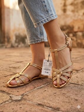 NWT Zara Metallic Gold Flat Sandals - US Size 8 / EU 39 - Strappy Huarache Style
